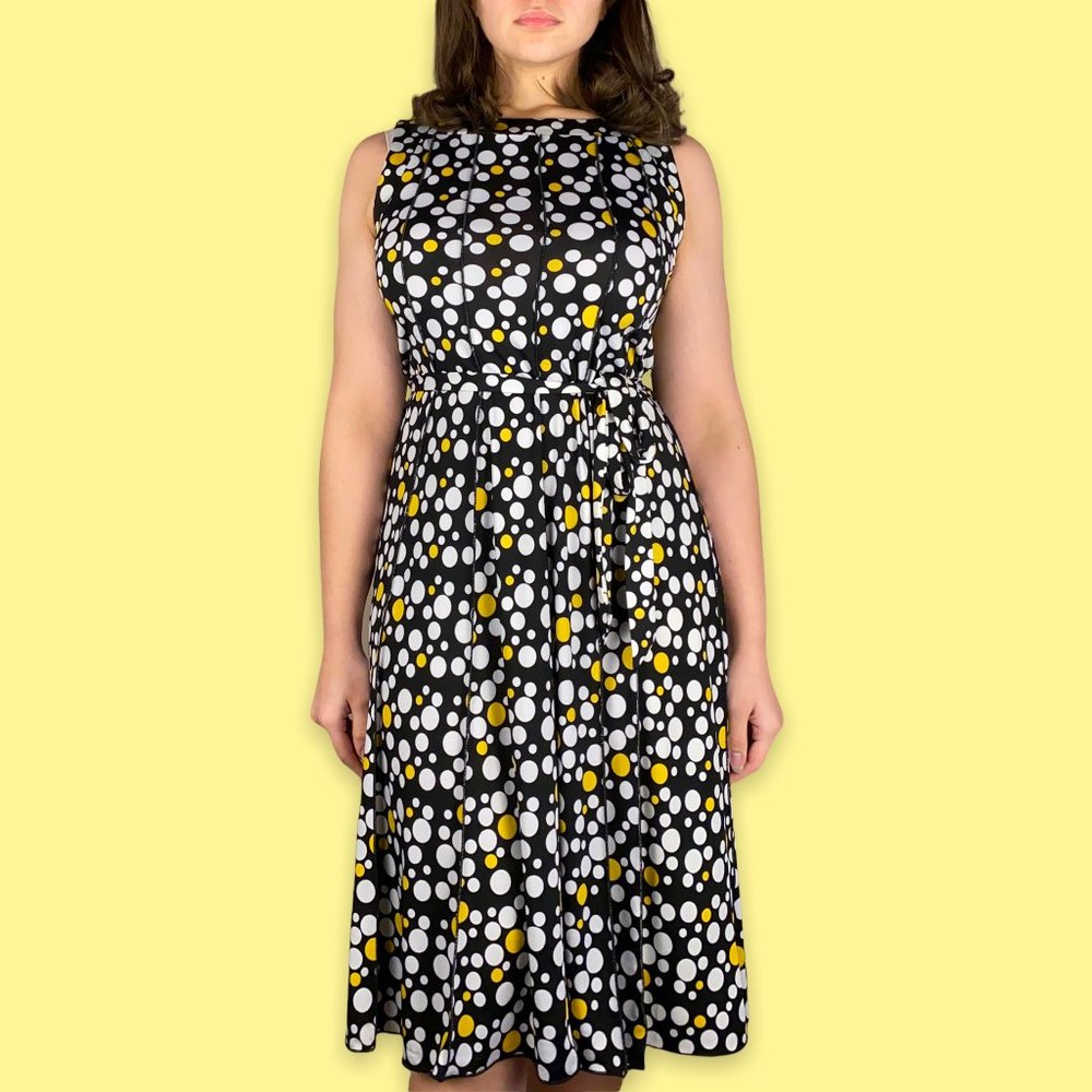Vintage Belted Overlocked Detail Polka-Dot Dress